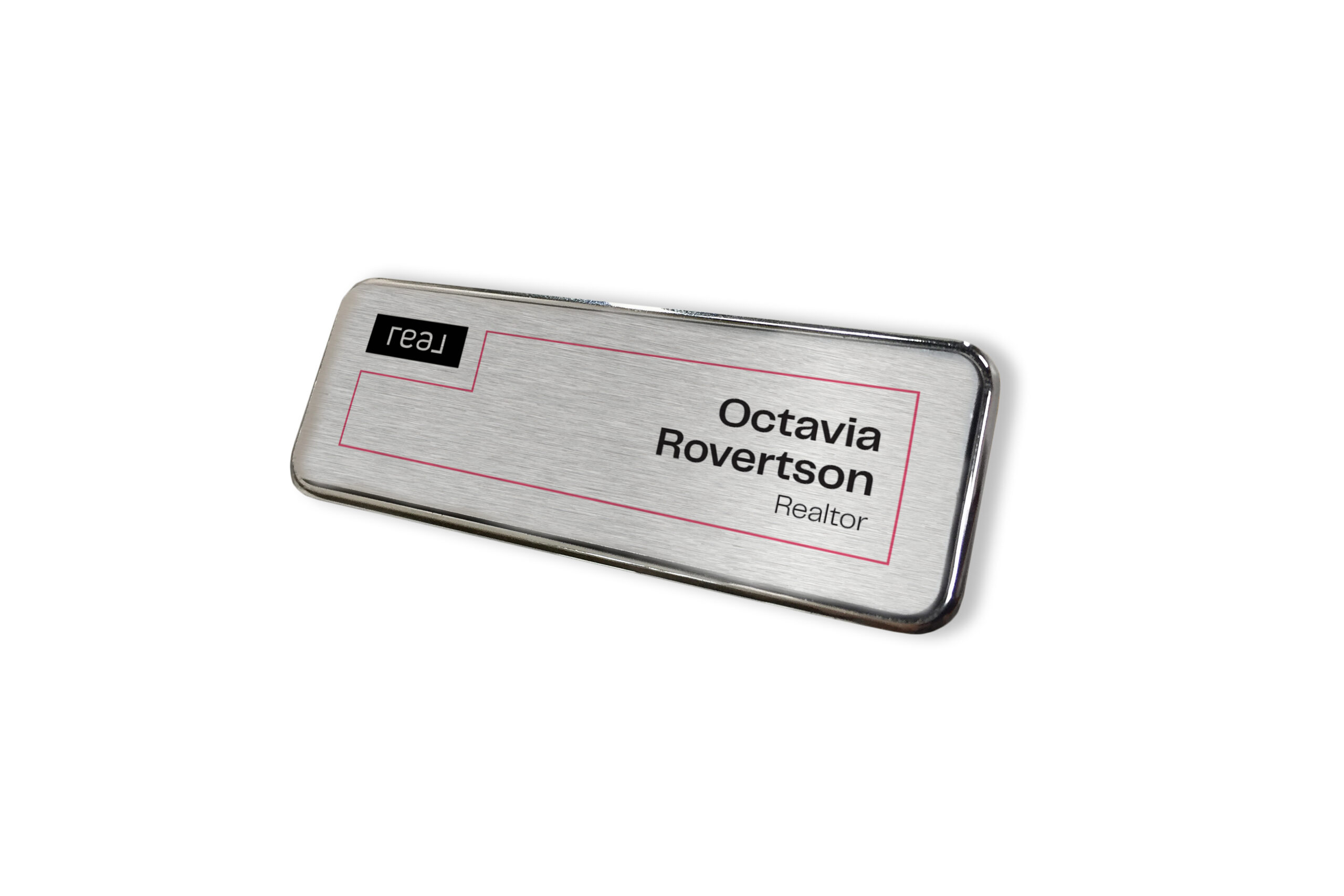 Real | 1X3 Framed Name Tag - Silver with Coral Box